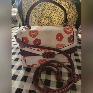 Aldo White Satchel with Red, Pink and Orange Lip Print & Plum Trim